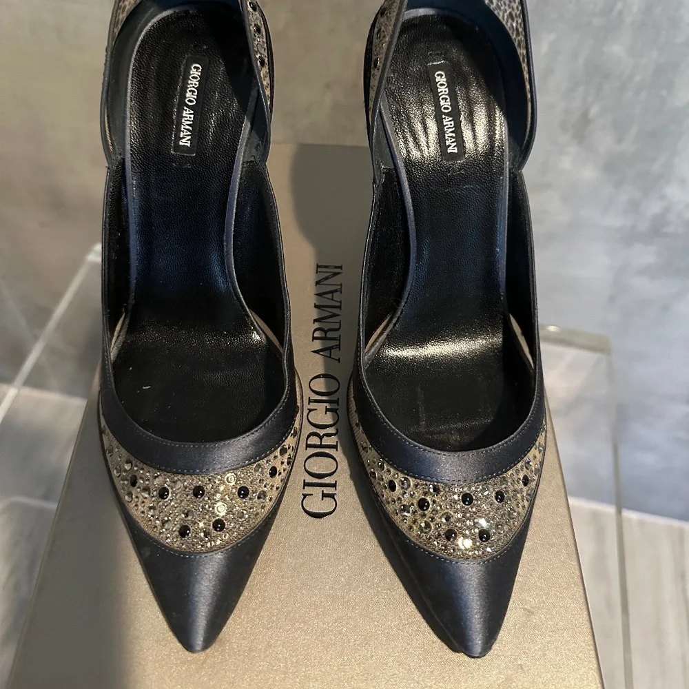 GIORGIO ARMANI Black, Gray, Satin, Mesh & Rhinestone Formal Heels - Size 6.5 - Picture 5 of 10
